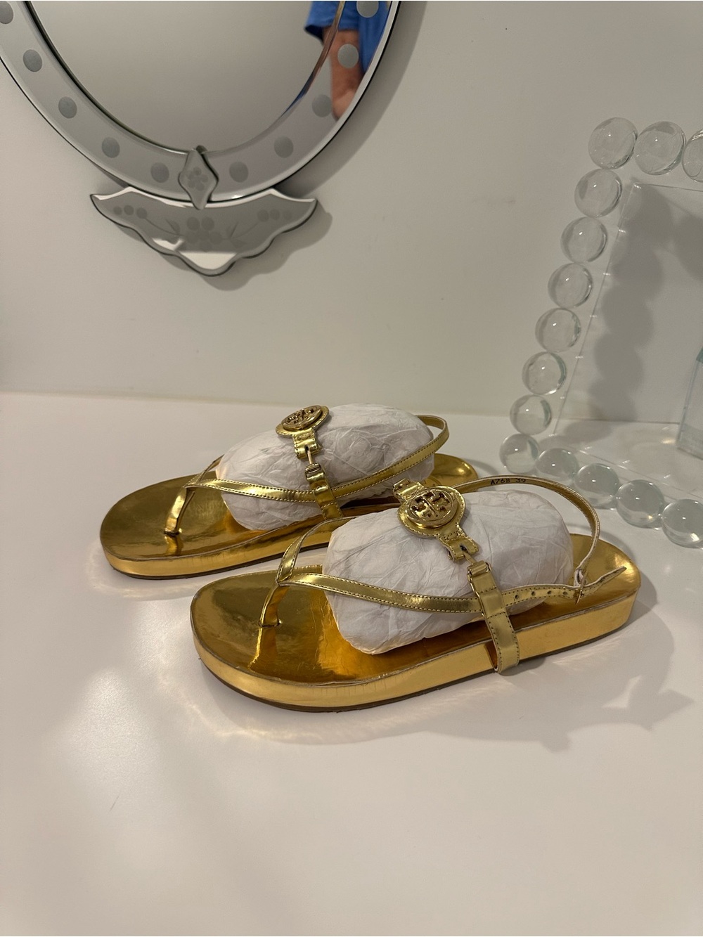 Tory Burch Metallic Gold Logo Thong Sandals
